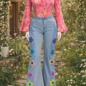 Retro Flower Patch, Two Toned, Flare, Wide Leg Denim Jeans